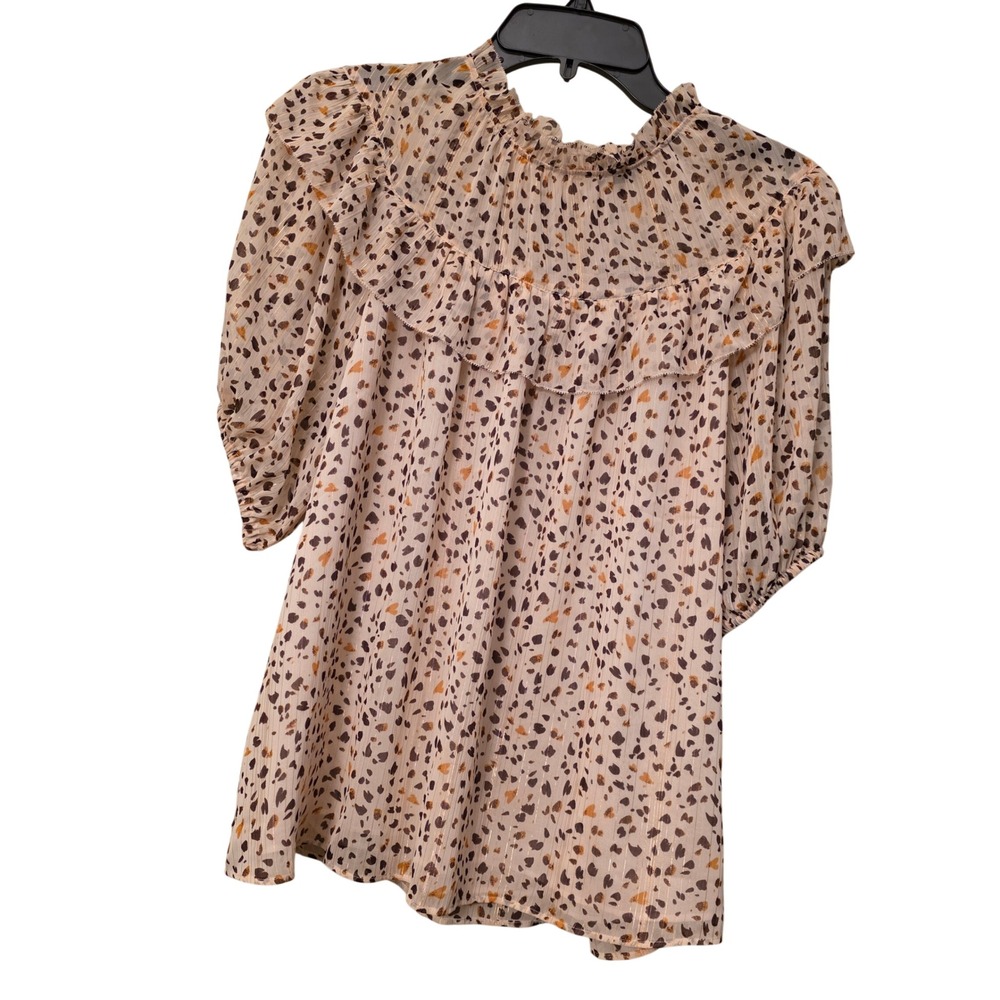 Ann Taylor Leopard Heart Ruffle Neck Metallic Stripe Blouse Tan Brown Medium